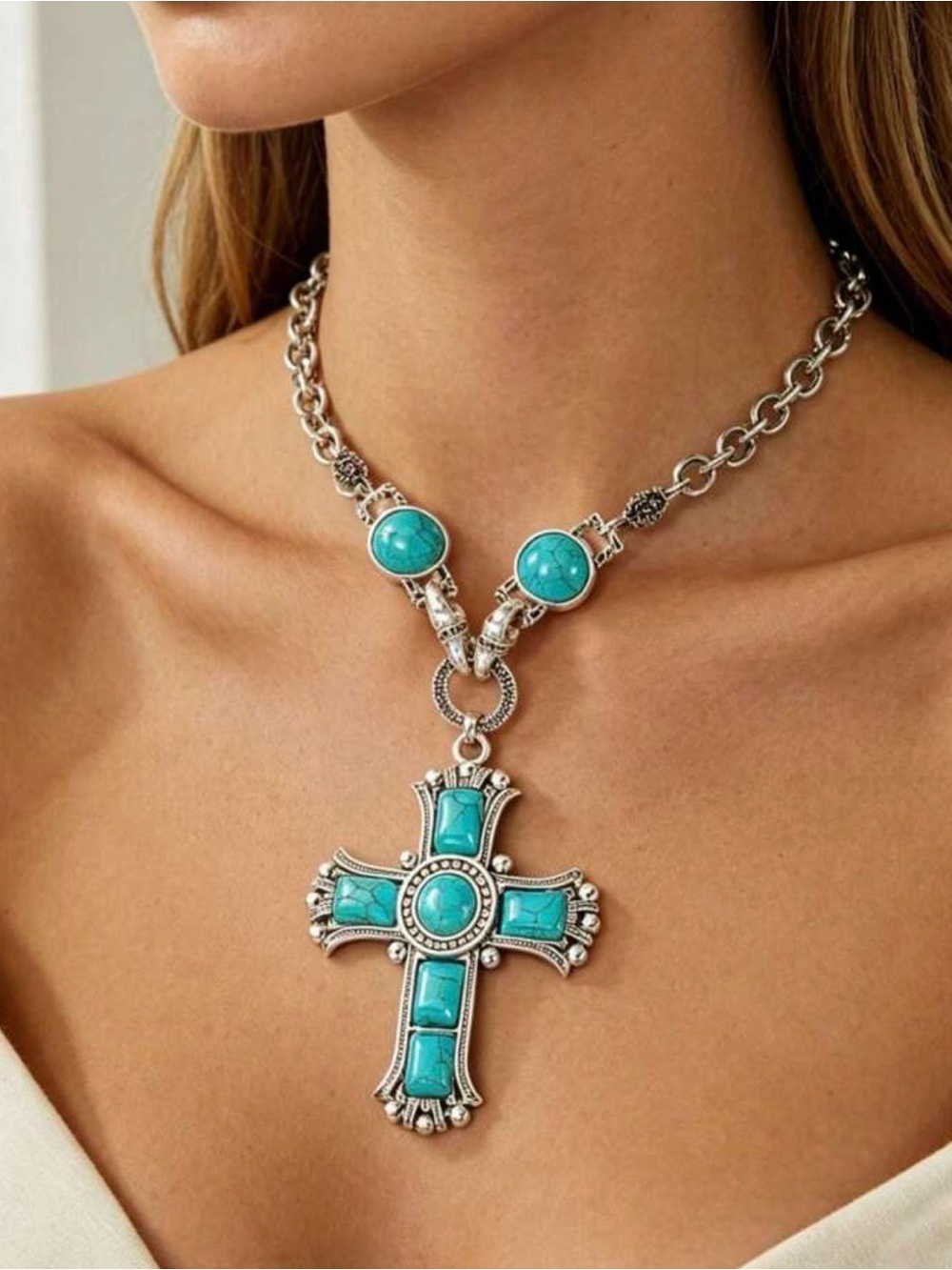 Western Turquoise and Silver Cross Pendant Necklace Southwestern Cowgirl
